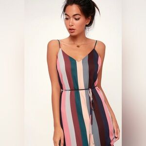 NWT Erina Mauve Multi Stripe Belted Midi Slip Dress Lulus